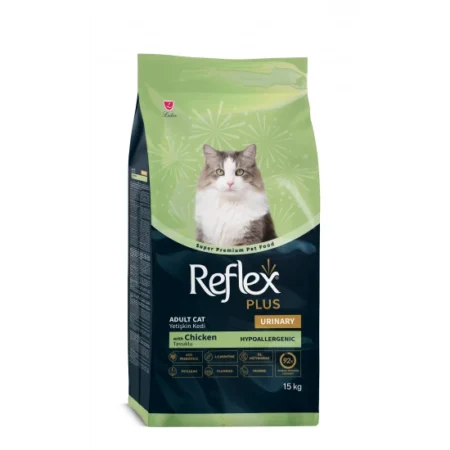 **Reflex Urinary Chicken Adult Cat Food** е пълноценна супер премиум суха храна за израснали котки от всички породи. Формулата е с пилешки протеин и е разработена с грижа за уринарния тракт, като подпомага поддържането на оптимални нива на pH и контролира приема на магнезий. Пилешкият протеин е лесно усвоим и доставя важни аминокиселини, които подпомагат мускулатурата, жизнеността и нормалното функциониране на организма. Храната е подходяща за ежедневно хранене на котки в зряла възраст. Формулата съдържа комплекс от витамини, минерали и хранителни вещества, които подкрепят имунната система и допринасят за доброто състояние на мускулите, органите и нервната система. Благодарение на висококачествените протеини, L-карнитина и контролираното съдържание на калории, храната подпомага поддържането на добра мускулна маса и оптимално телесно тегло. Добавената **Юка Шидигера** спомага за намаляване на неприятната миризма от изпражненията, което прави продукта практичен избор за ежедневна грижа у дома. Формулата е насочена и към поддържане на здравето на уринарния тракт чрез балансиран минерален състав, контролирано съдържание на магнезий и подпомагане на подходящото pH на урината. **Състав:** Хидролизиран пилешки протеин, царевица, ориз, пилешки мазнини, псилиум фибри, фибри от захарна тръстика, влакна от захарно цвекло, аромат на черен дроб, витамини и минерали, DL-метионин, бирена мая, ленено семе, ксило-олигозахариди, сол, Юка Шидигера, L-карнитин, антиоксиданти. **Минерали:** Калций, фосфор, натрий, йод, цинк, мед, желязо, селен. **Витамини:** Витамин A, Витамин D, Витамин C, Витамин B1, B2, B3 / Ниацин, B6, B12, B7 / Биотин, B9 / Фолиева киселина, Витамин K, холин, калциев пантотенат. **Аналитичен състав:** Протеини: 34% Мазнини: 14% Пепел: 7% Фибри: 4% **Препоръчителна дневна доза:** | Тегло на котката | Слаба котка | Нормална котка | Котка с наднормено тегло | | ---------------- | ----------: | -------------: | -----------------------: | | 2 кг | 31–34 г | 29–32 г | — | | 3 кг | 42–47 г | 39–43 г | — | | 4 кг | 52–58 г | 49–54 г | — | | 5 кг | 62–68 г | 57–63 г | 53–59 г | | 6 кг | 71–78 г | 65–72 г | 60–67 г | | 7 кг | 79–88 г | 74–82 г | 68–75 г | | 8 кг | — | 82–90 г | 75–83 г | | 9 кг | — | 89–98 г | 82–91 г | | 10 кг | — | 96–106 г | 89–98 г | Посочените количества са ориентировъчни. Дневната порция може да се променя според възрастта, активността, телесното състояние и индивидуалните нужди на котката. Винаги осигурявайте достъп до прясна и чиста вода. Препоръчително е котката да бъде водена редовно на профилактичен преглед при ветеринарен лекар, особено при чувствителност или проблеми, свързани с уринарния тракт. При преминаване към тази храна направете смяната постепенно в рамките на 5–10 дни. Смесвайте старата и новата храна, като поетапно увеличавате количеството от новата, докато напълно замените предишната. Разгледайте и други предложения от категорията **суха храна за котки**, ако търсите различни вкусове, формули или разфасовки.