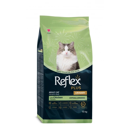 RFX-410_RP_Tavuklu_Urinary_15kg_sag-550x550h **Reflex Urinary Chicken Adult Cat Food** е пълноценна супер премиум суха храна за израснали котки от всички породи. Формулата е с пилешки протеин и е разработена с грижа за уринарния тракт, като подпомага поддържането на оптимални нива на pH и контролира приема на магнезий. Пилешкият протеин е лесно усвоим и доставя важни аминокиселини, които подпомагат мускулатурата, жизнеността и нормалното функциониране на организма. Храната е подходяща за ежедневно хранене на котки в зряла възраст. Формулата съдържа комплекс от витамини, минерали и хранителни вещества, които подкрепят имунната система и допринасят за доброто състояние на мускулите, органите и нервната система. Благодарение на висококачествените протеини, L-карнитина и контролираното съдържание на калории, храната подпомага поддържането на добра мускулна маса и оптимално телесно тегло. Добавената **Юка Шидигера** спомага за намаляване на неприятната миризма от изпражненията, което прави продукта практичен избор за ежедневна грижа у дома. Формулата е насочена и към поддържане на здравето на уринарния тракт чрез балансиран минерален състав, контролирано съдържание на магнезий и подпомагане на подходящото pH на урината. **Състав:** Хидролизиран пилешки протеин, царевица, ориз, пилешки мазнини, псилиум фибри, фибри от захарна тръстика, влакна от захарно цвекло, аромат на черен дроб, витамини и минерали, DL-метионин, бирена мая, ленено семе, ксило-олигозахариди, сол, Юка Шидигера, L-карнитин, антиоксиданти. **Минерали:** Калций, фосфор, натрий, йод, цинк, мед, желязо, селен. **Витамини:** Витамин A, Витамин D, Витамин C, Витамин B1, B2, B3 / Ниацин, B6, B12, B7 / Биотин, B9 / Фолиева киселина, Витамин K, холин, калциев пантотенат. **Аналитичен състав:** Протеини: 34% Мазнини: 14% Пепел: 7% Фибри: 4% **Препоръчителна дневна доза:** | Тегло на котката | Слаба котка | Нормална котка | Котка с наднормено тегло | | ---------------- | ----------: | -------------: | -----------------------: | | 2 кг | 31–34 г | 29–32 г | — | | 3 кг | 42–47 г | 39–43 г | — | | 4 кг | 52–58 г | 49–54 г | — | | 5 кг | 62–68 г | 57–63 г | 53–59 г | | 6 кг | 71–78 г | 65–72 г | 60–67 г | | 7 кг | 79–88 г | 74–82 г | 68–75 г | | 8 кг | — | 82–90 г | 75–83 г | | 9 кг | — | 89–98 г | 82–91 г | | 10 кг | — | 96–106 г | 89–98 г | Посочените количества са ориентировъчни. Дневната порция може да се променя според възрастта, активността, телесното състояние и индивидуалните нужди на котката. Винаги осигурявайте достъп до прясна и чиста вода. Препоръчително е котката да бъде водена редовно на профилактичен преглед при ветеринарен лекар, особено при чувствителност или проблеми, свързани с уринарния тракт. При преминаване към тази храна направете смяната постепенно в рамките на 5–10 дни. Смесвайте старата и новата храна, като поетапно увеличавате количеството от новата, докато напълно замените предишната. Разгледайте и други предложения от категорията **суха храна за котки**, ако търсите различни вкусове, формули или разфасовки.